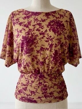 Sweet Pea by Stacy Frati| Mustard Bordeaux Floral Dolman Ruched Top Blouse Sz M